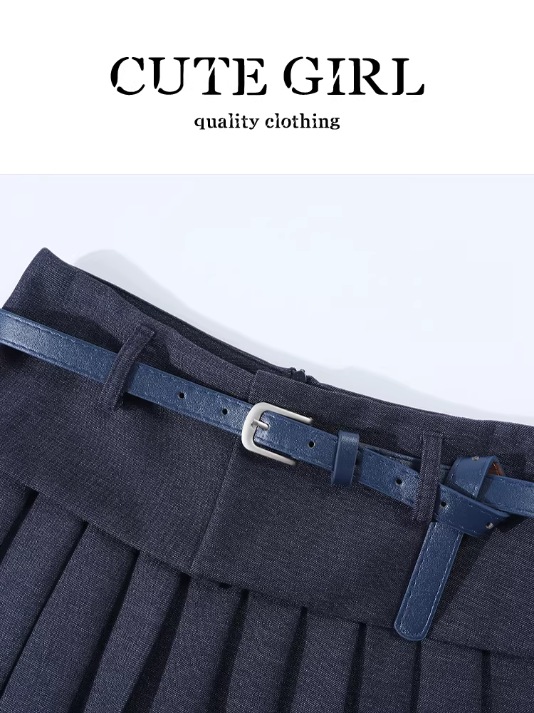 Váy xếp ly lưng cao phong cách Hàn Quốc dành cho nữ, váy chữ A chống lộ giảm tuổi mùa thu có thắt lưng