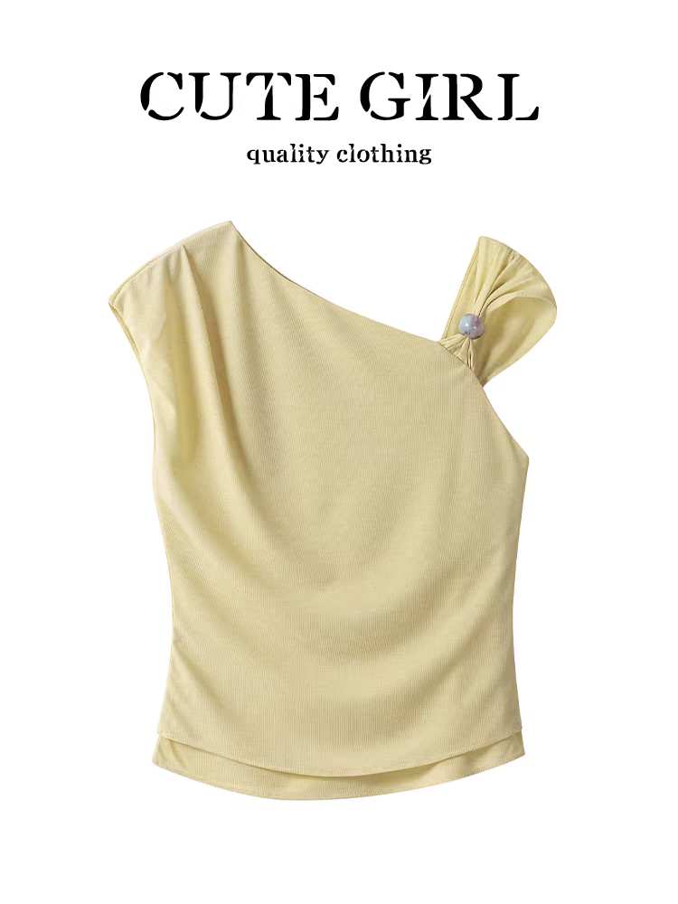 Thiết kế độc đáo của CuteGirl, áo thun ngắn tay lệch vai màu vàng không đều dành cho nữ, áo mùa hè sang trọng và lộng lẫy với eo thon.
