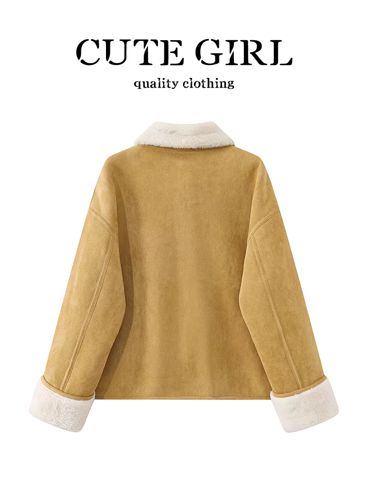 Áo khoác lông cừu da lộn cổ điển CuteGirl dành cho nữ, thiết kế mùa thu, áo khoác len cừu rộng rãi và đa năng