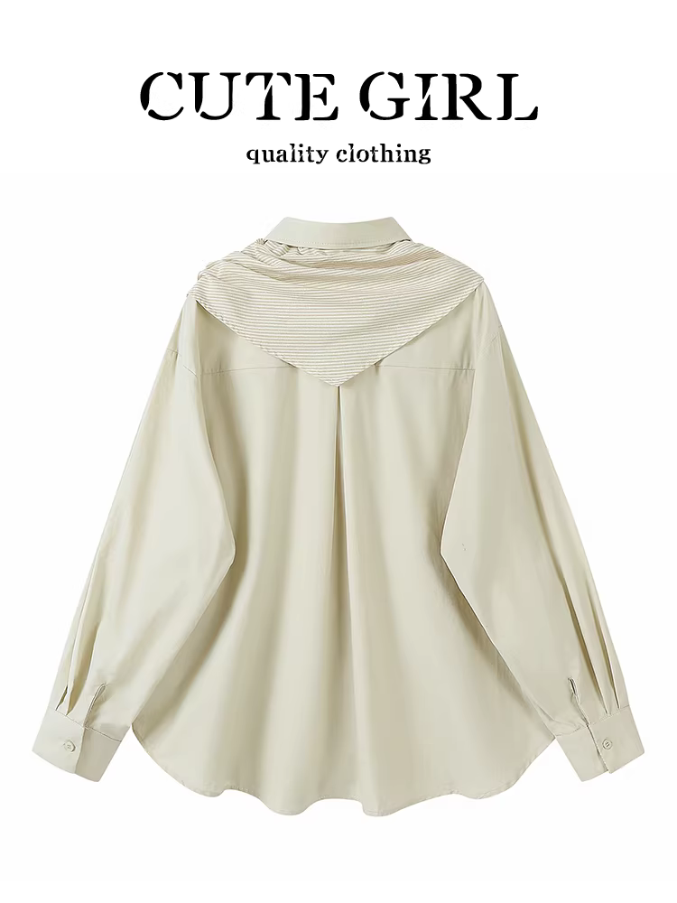 Áo sơ mi cổ polo màu mơ kiểu Pháp có khăn choàng dành cho nữ, thiết kế mùa thu, dáng rộng và đa năng, áo độc đáo