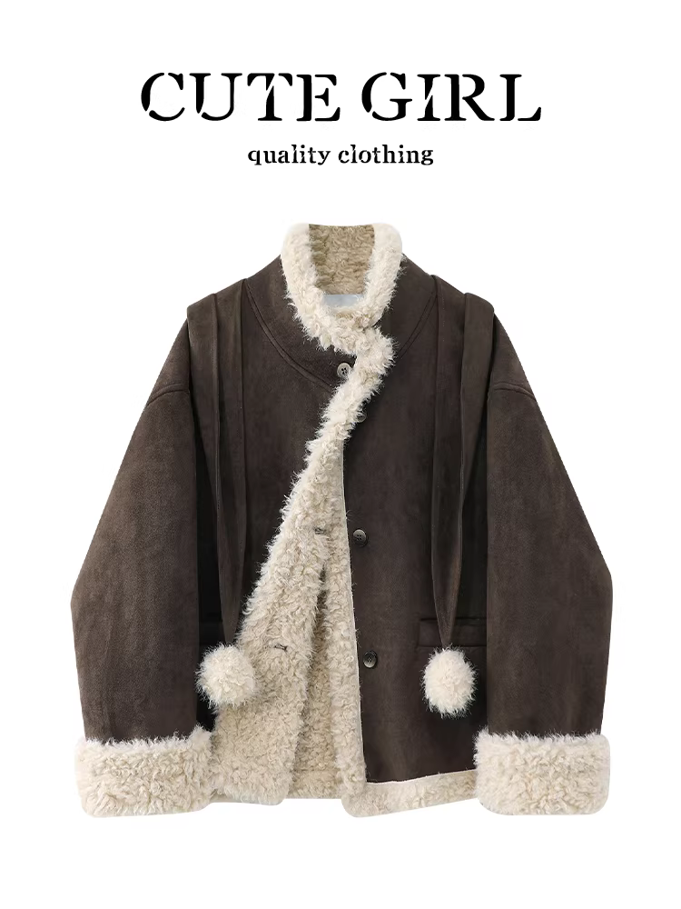 Áo khoác len cừu da lộn màu cà phê phong cách CuteGirl Melard dành cho nữ, mùa thu đông, áo khoác thanh lịch, rộng rãi và đa năng