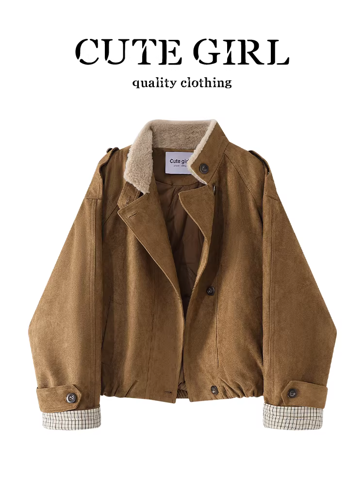 Áo khoác da lộn cổ điển màu nâu cổ điển của CuteGirl dành cho nữ mùa thu đông thanh lịch, áo khoác đa năng thông thường