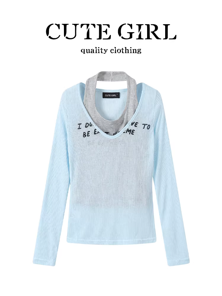 CuteGirl Áo thun che nắng cổ chữ V màu xanh in họa tiết phong cách Mỹ dành cho nữ mùa hè Bộ hai mảnh áo yếm cổ yếm màu xám