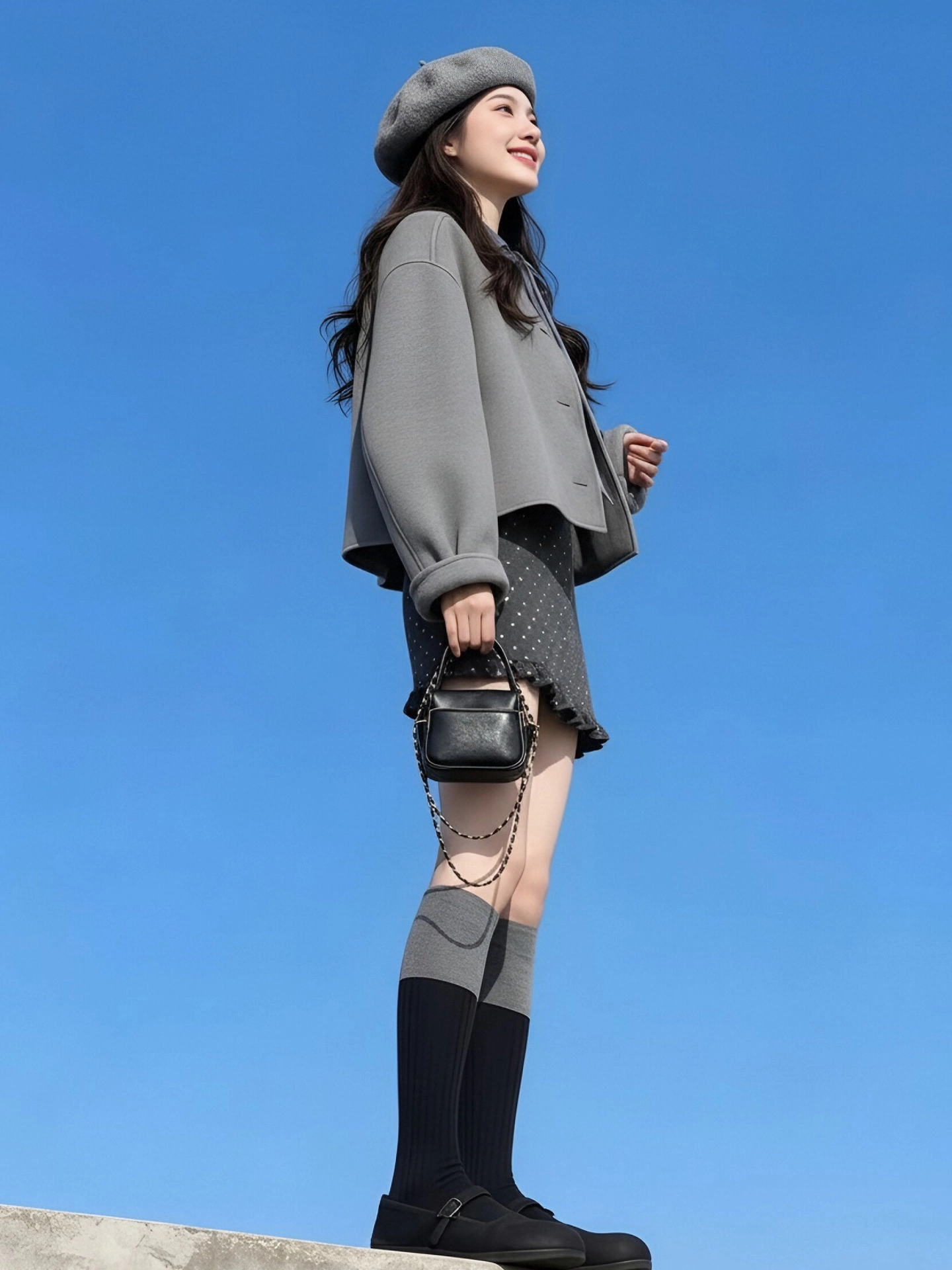 Váy chữ A chấm bi xếp nếp màu xám lấy cảm hứng từ thiết kế của CuteGirl dành cho nữ, váy ngắn ôm hông lưng cao đầu xuân.