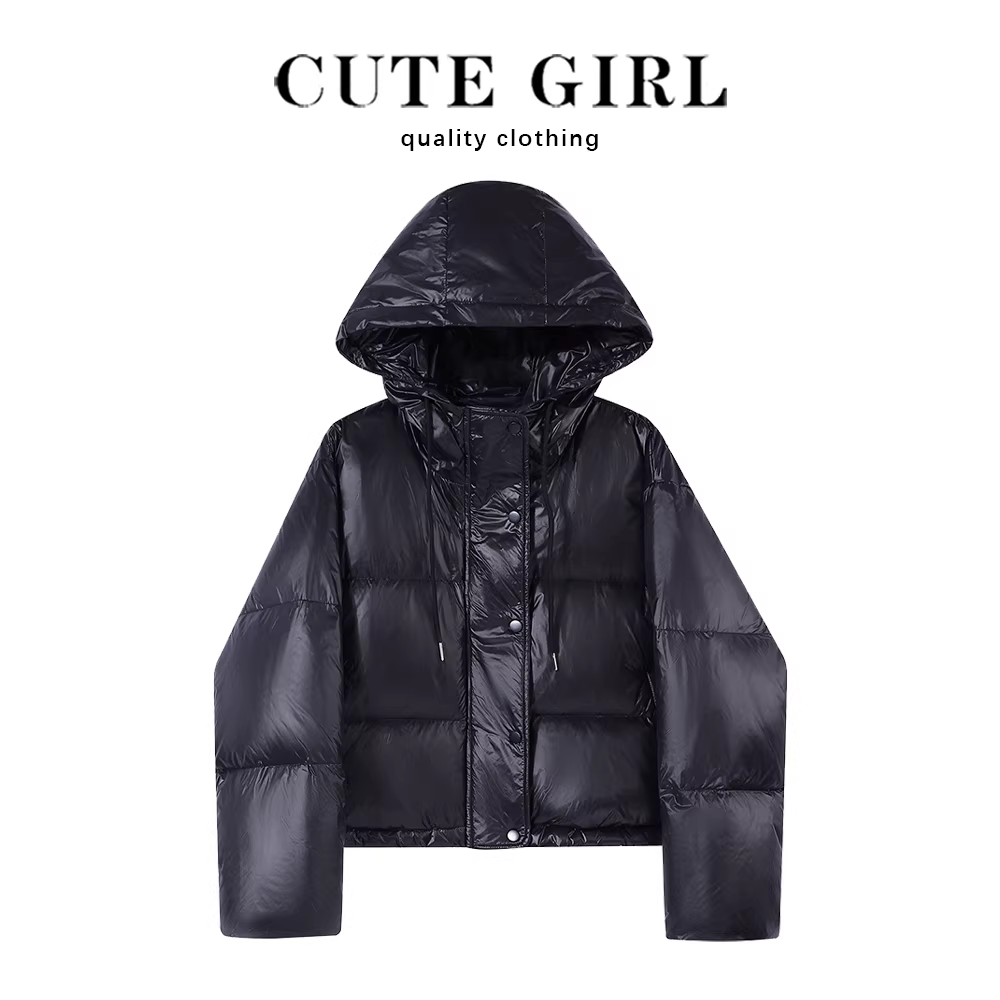 Áo khoác lông vũ đen bóng có mũ trùm đầu nhỏ nhắn dễ thương dành cho nữ mùa đông 2025, áo khoác ngắn dày bằng lông vịt trắng mới