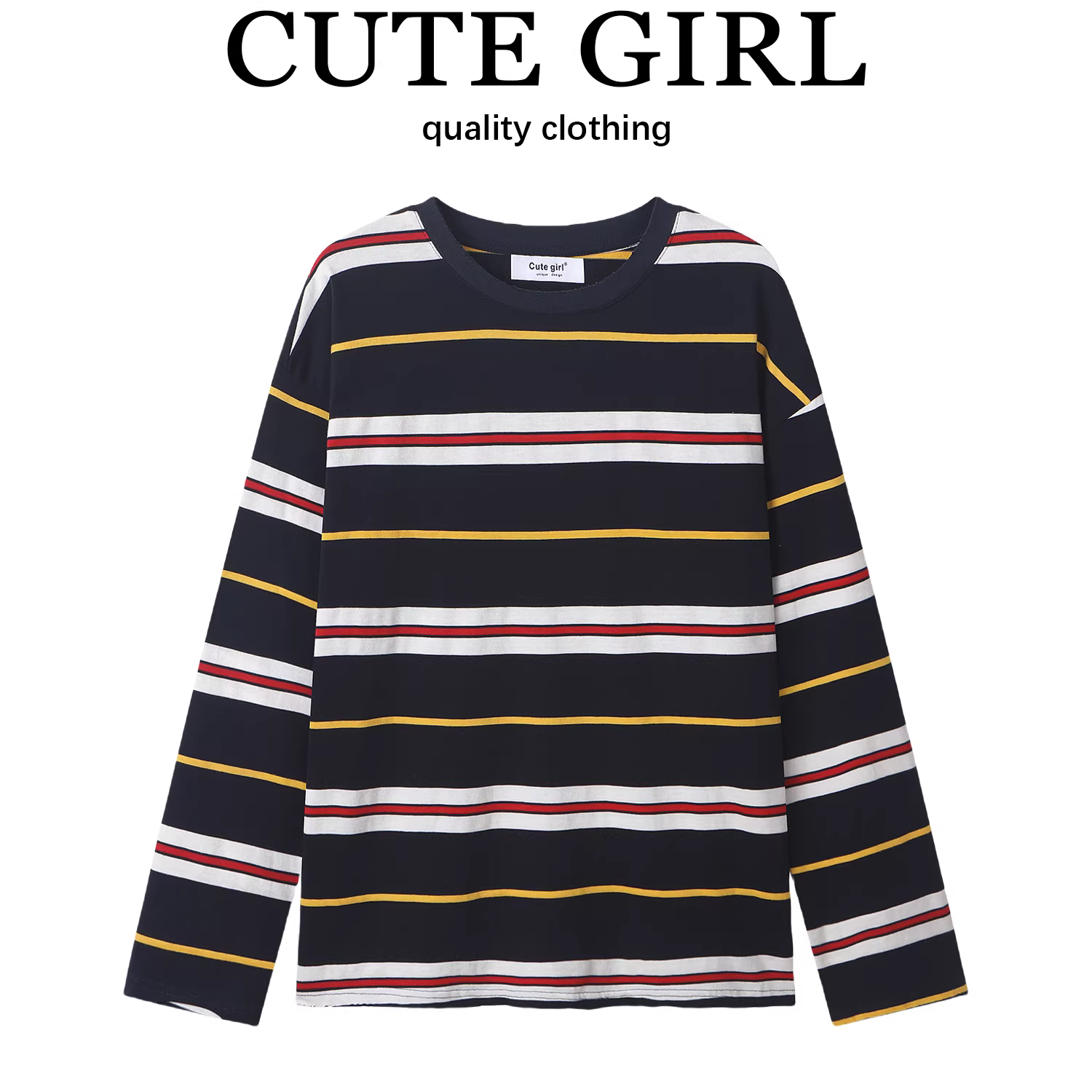 Áo thun dài tay sọc màu phong cách Hàn Quốc CuteGirl dành cho nữ, áo sơ mi cổ tròn dáng rộng thời trang giản dị đầu thu