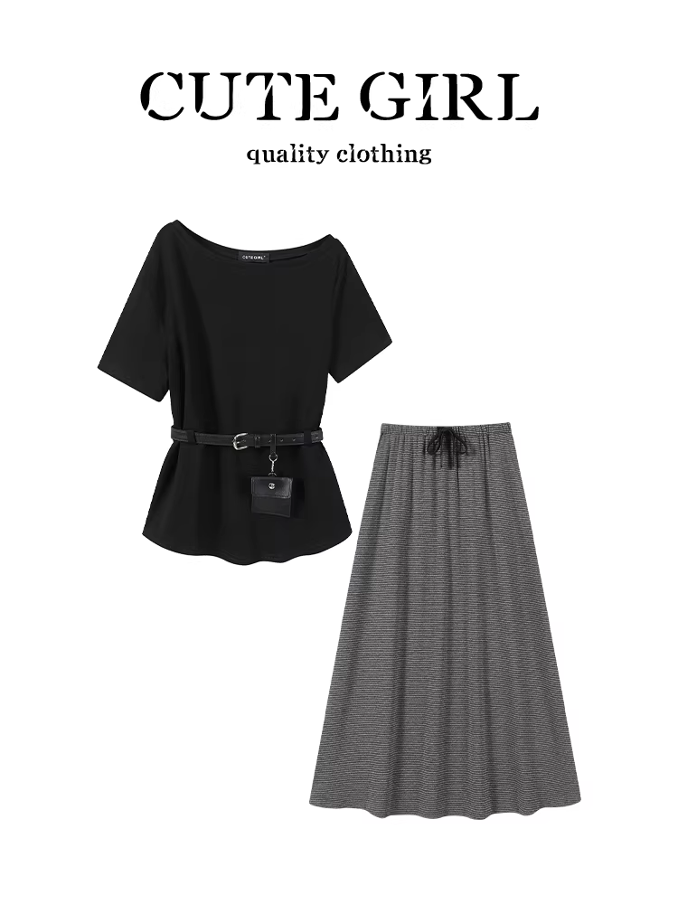 Bộ trang phục giảm tuổi tác CuteGirl dành cho nữ, áo ngắn tay trễ vai mùa hè, váy sọc cạp cao, bộ hai mảnh