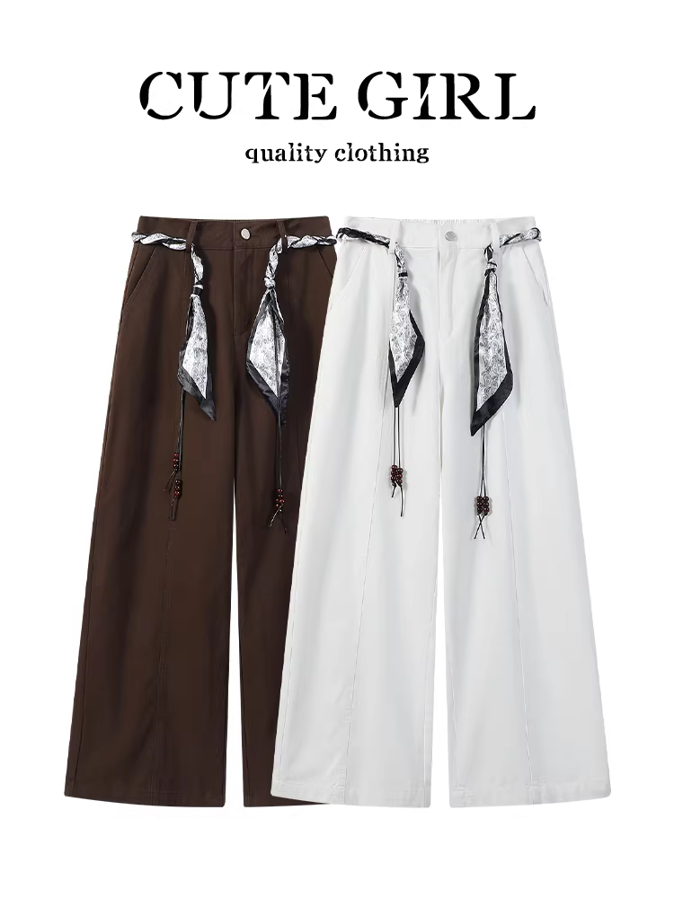 Quần ống rộng denim trắng cổ điển của CuteGirl dành cho nữ, thiết kế mùa thu, lưng cao, giảm béo, quần ống đứng đa năng