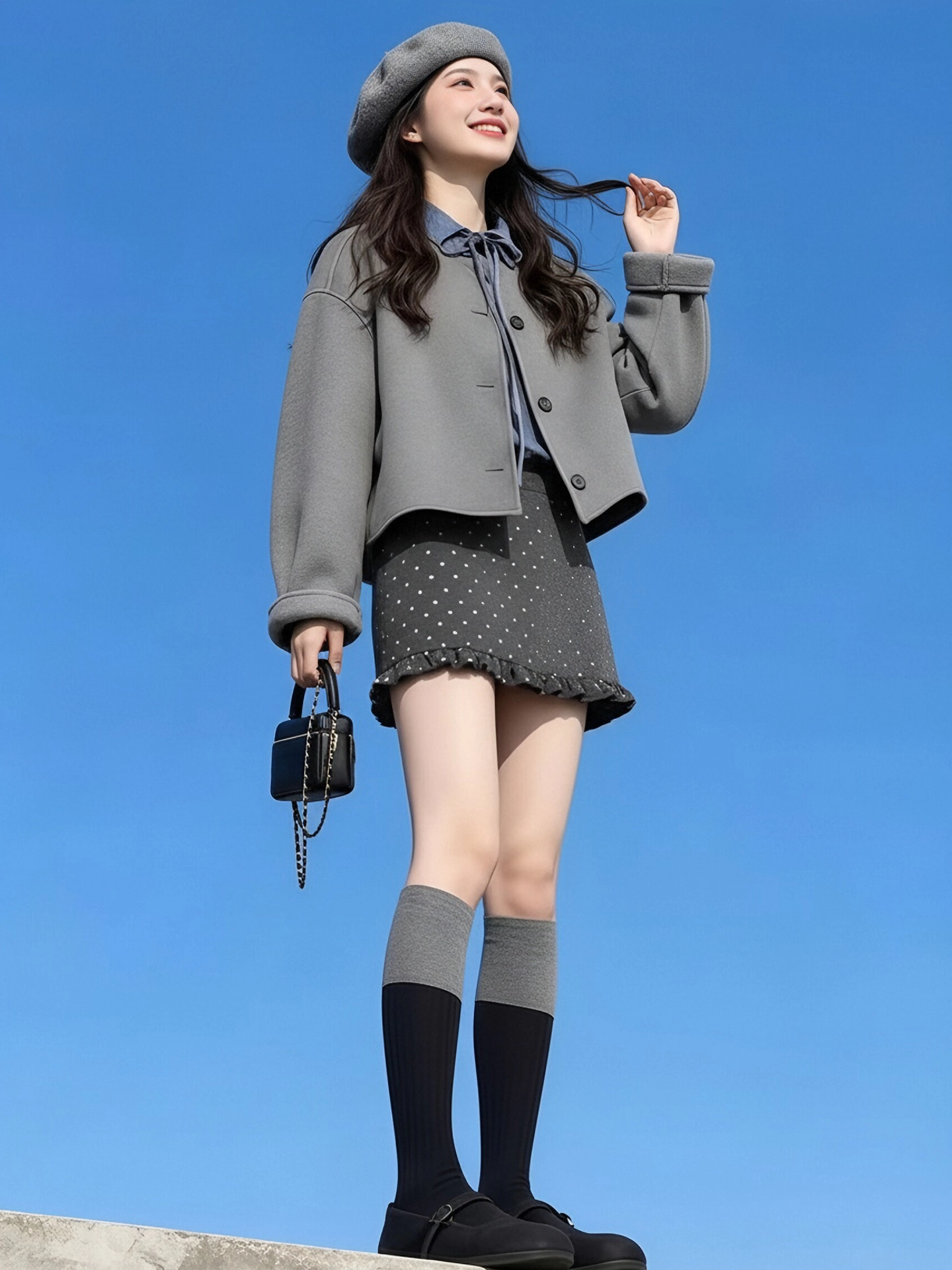 Váy chữ A chấm bi xếp nếp màu xám lấy cảm hứng từ thiết kế của CuteGirl dành cho nữ, váy ngắn ôm hông lưng cao đầu xuân.