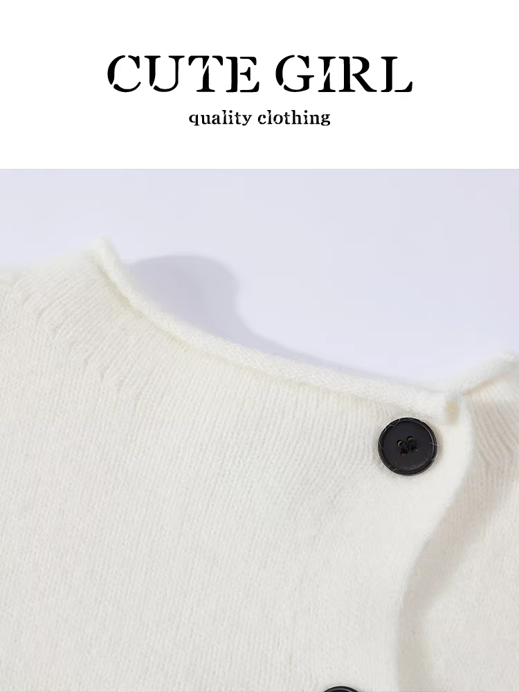 Áo len cổ tròn đơn hàng nút màu trắng phong cách Hàn Quốc dành cho nữ, thiết kế thu đông, áo len dáng rộng, giản dị và đa năng