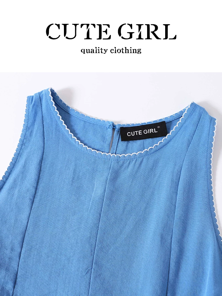 CuteGirl Thiết kế Hàn Quốc phối màu tương phản ren màu xanh vest không tay mùa hè dành cho nữ trang phục công sở thanh lịch áo xếp ly