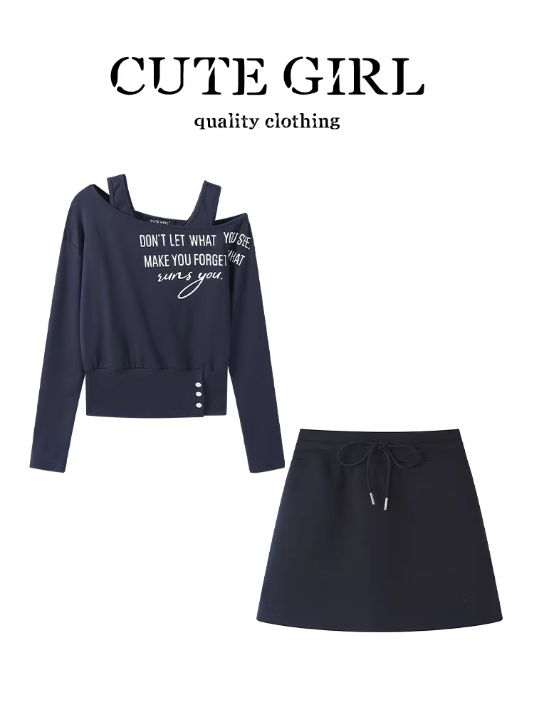 Trang phục phong cách thư giãn của CuteGirl, bộ đồ hoàn chỉnh gồm áo len trễ vai in chữ mùa thu dành cho nữ và bộ váy chữ A