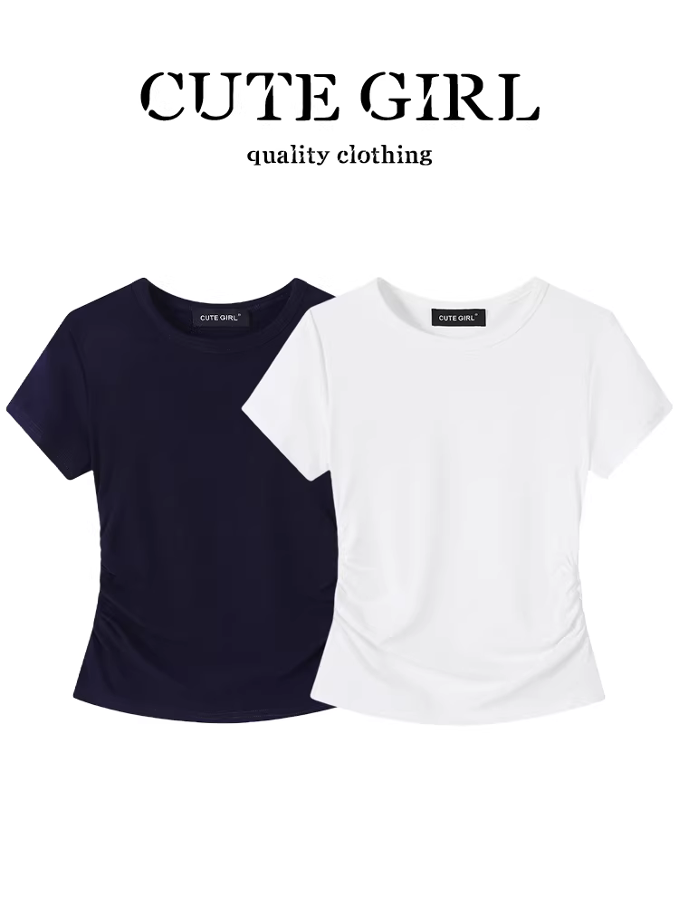 Áo thun ngắn tay cổ tròn đa năng phong cách Hàn Quốc dành cho nữ, áo thun xếp ly đẹp mùa hè giúp thon gọn eo