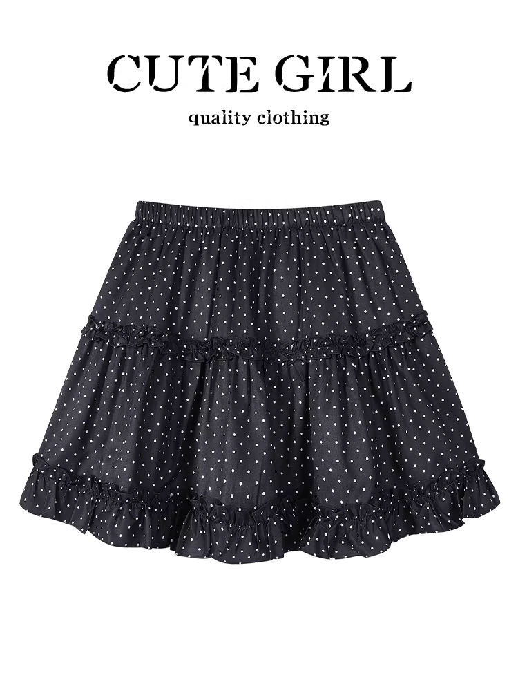 CuteGirl Phong cách ngọt ngào Hàn Quốc váy xếp tầng chấm bi màu đen váy ngắn xếp tầng lưng cao co giãn mùa hè dành cho nữ