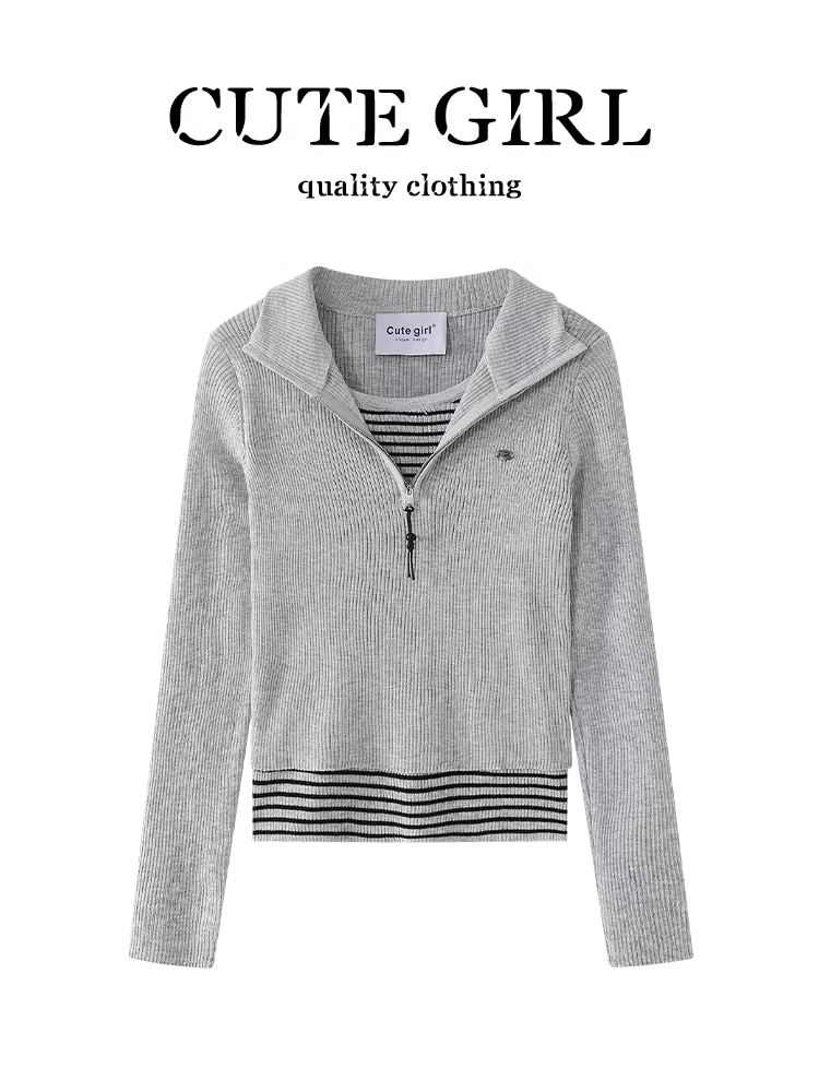 Áo len dệt kim giả hai mảnh sọc xám phong cách Hàn Quốc dành cho nữ, mùa thu, thanh lịch, ôm dáng, áo cơ bản đa năng.