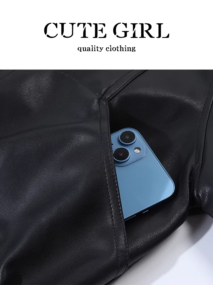 Áo khoác da pu màu đen cổ điển của CuteGirl dành cho nữ vào mùa thu đông, áo khoác đi xe máy cao cấp, rộng rãi, giản dị và đa năng