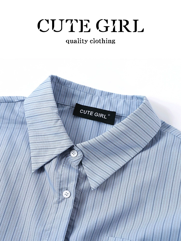 Áo sơ mi dài tay cổ polo sọc xanh lấy cảm hứng từ thiết kế CuteGirl dành cho nữ, phong cách mùa thu, dáng rộng, áo đi làm đa năng.