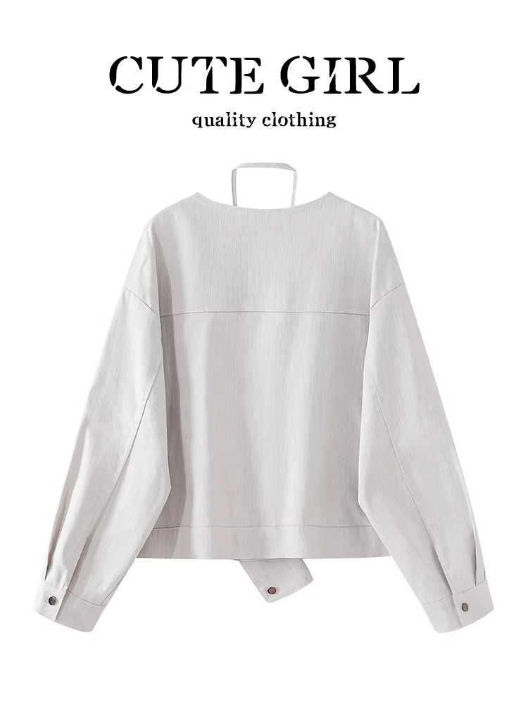 Áo khoác denim cổ tròn màu mơ cao cấp CuteGirl có túi dành cho nữ, áo khoác dáng rộng đa năng cho mùa thu