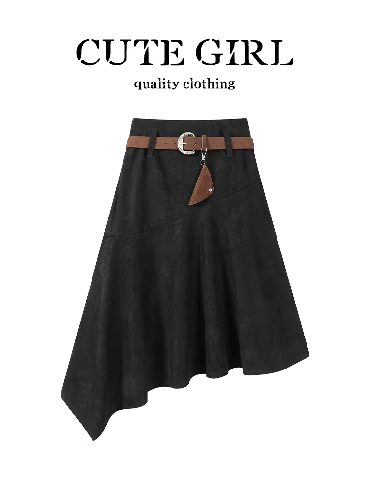 CuteGirl Váy đen bất đối xứng phong cách Hàn Quốc có thắt lưng dành cho nữ, váy dài vừa phải dáng chữ A eo cao thanh lịch mùa thu