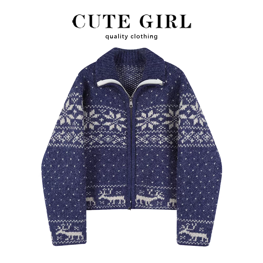 Áo len màu xanh cao cấp và thời trang của CuteGirl dành cho nữ, phong cách mới mùa xuân thu 2025, áo khoác cardigan dệt kim phong cách lười biếng