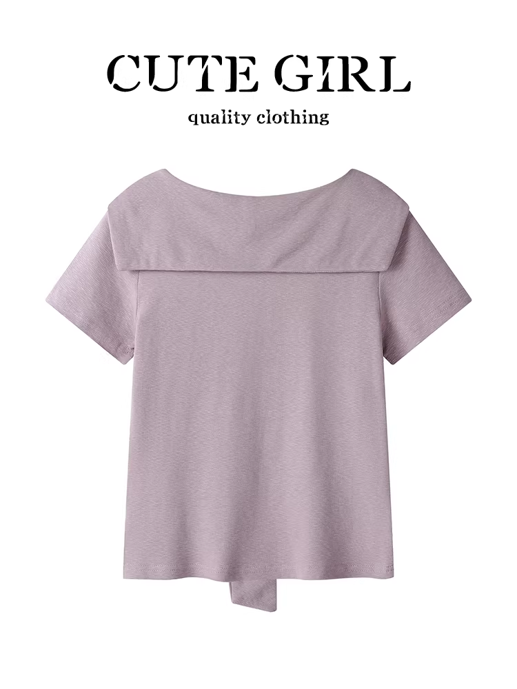 Áo thun ngắn tay cổ vuông màu tím phong cách Pháp dễ thương dành cho nữ, áo hai mảnh giả dáng ôm mùa hè