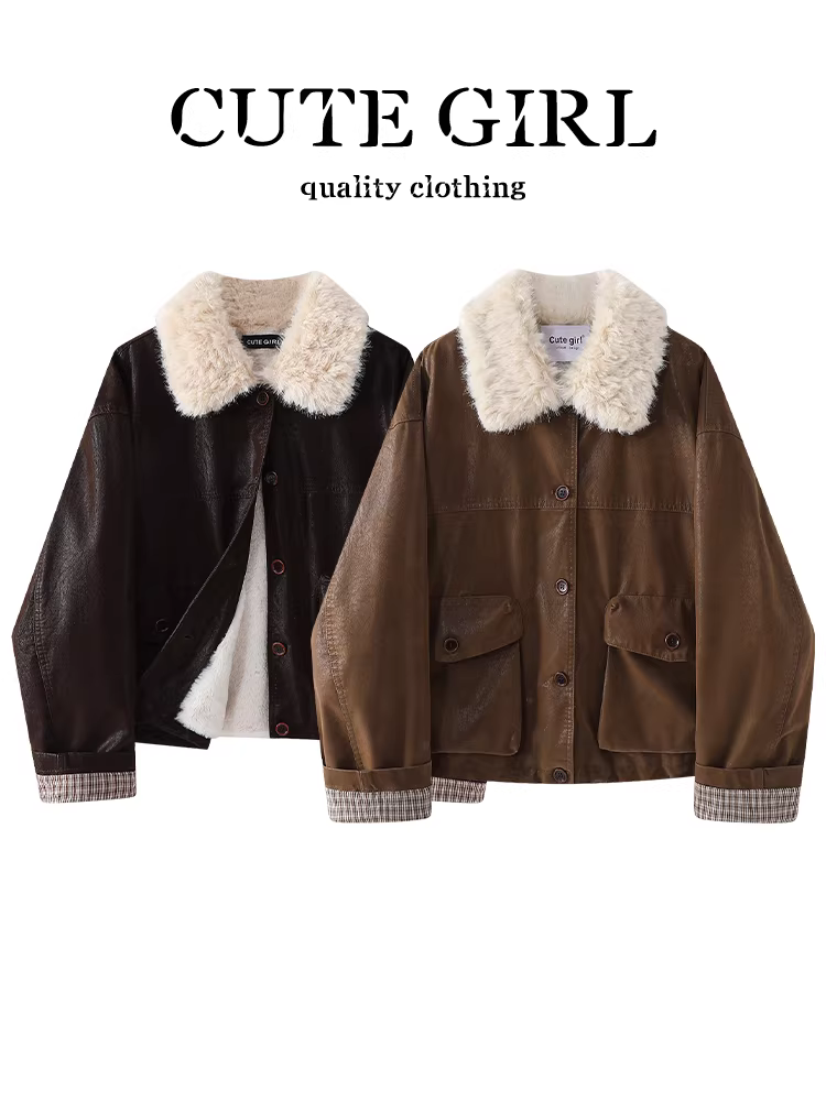 Áo khoác da có cổ lông chắp vá màu cà phê cổ điển của CuteGirl Áo khoác da có lót lông cừu kiểu Mỹ Áo khoác chắp vá kẻ sọc có lót lông cừu dành cho nữ
