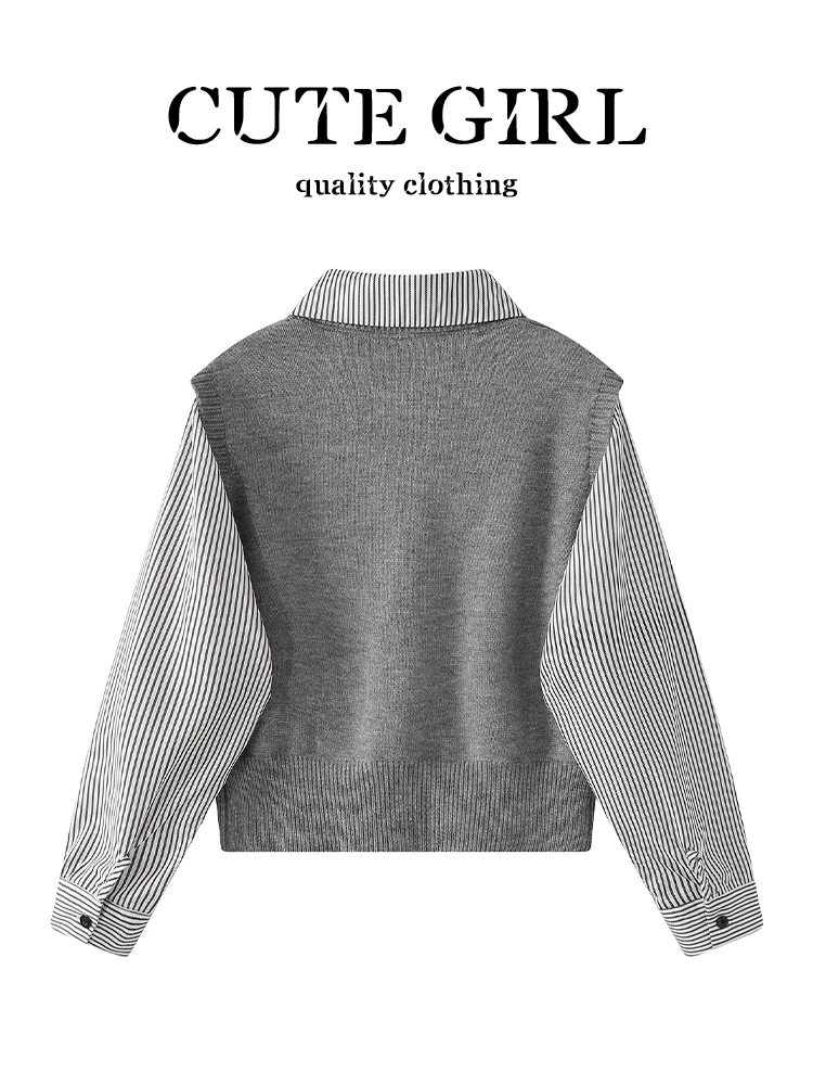 Áo sơ mi sọc phối màu phong cách Hàn Quốc dễ thương kiểu preppy giả hai mảnh dành cho nữ mùa thu đông áo đa năng giảm tuổi tác