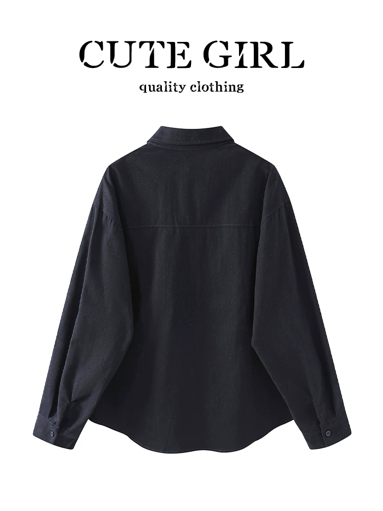 Áo sơ mi cổ polo thêu màu xanh hải quân lấy cảm hứng từ thiết kế CuteGirl áo yếm nữ mùa thu dáng rộng giảm béo