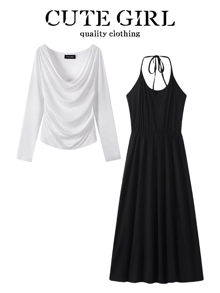 CuteGirl Váy hai dây cổ yếm màu đen phong cách Pháp dành cho nữ, áo thun cổ xòe màu trắng mùa hè che chắn bộ hai mảnh