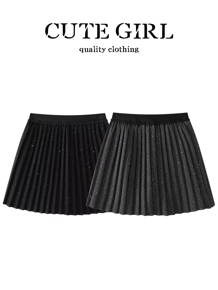 CuteGirl Váy xếp ly sequin mịn màu xám đậm phong cách Hàn Quốc dành cho nữ, váy đa năng cạp cao phong cách preppy mùa đông