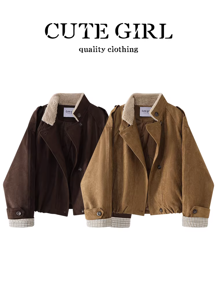 Áo khoác da lộn cổ lông màu cà phê phong cách CuteGirl Barn dành cho nữ, mùa thu đông, áo khoác thanh lịch, rộng rãi, giản dị, đa năng