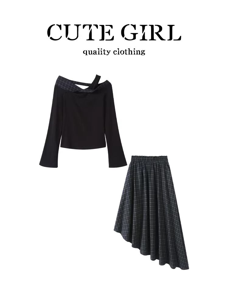 Áo thun dài tay trễ vai lấy cảm hứng từ thiết kế CuteGirl dành cho nữ, bộ hai mảnh váy kẻ sọc không đều mùa thu
