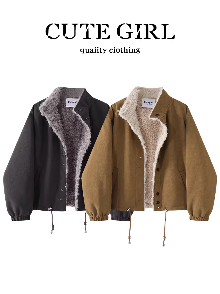 Áo khoác ngắn màu kaki lót lông phong cách retro kiểu Hàn Quốc dành cho nữ, áo khoác đầu đông độc đáo và đẹp mắt