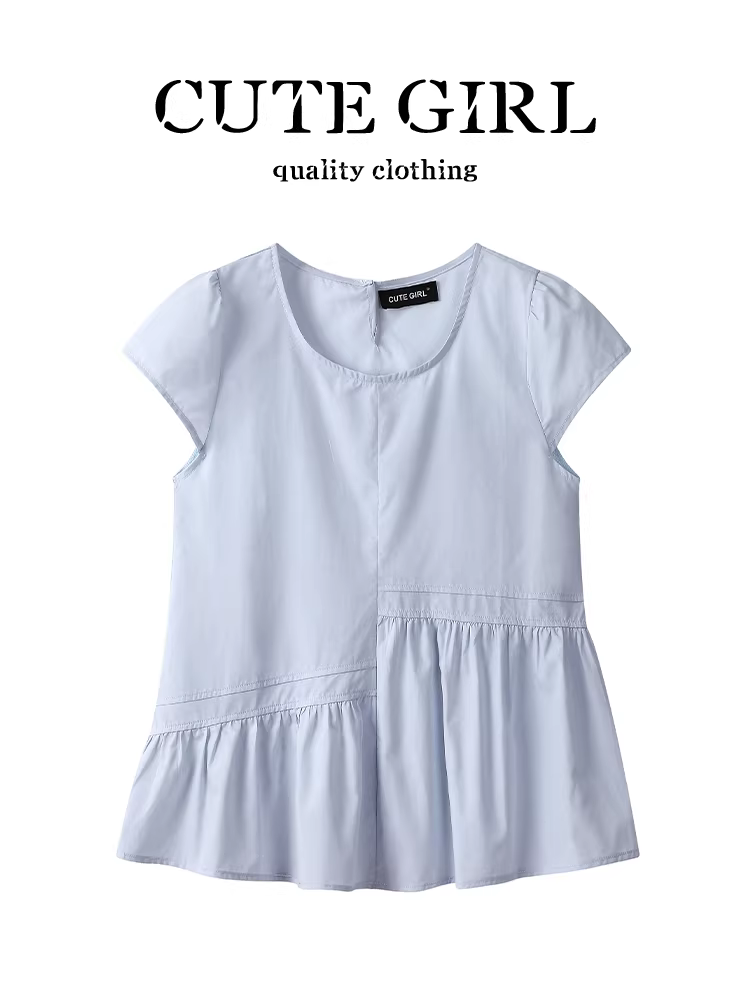 Áo sơ mi ngắn tay màu xanh dịu dàng và trẻ trung theo phong cách Hàn Quốc dành cho nữ, mùa hè đơn giản và đa năng, áo kiểu búp bê thanh lịch