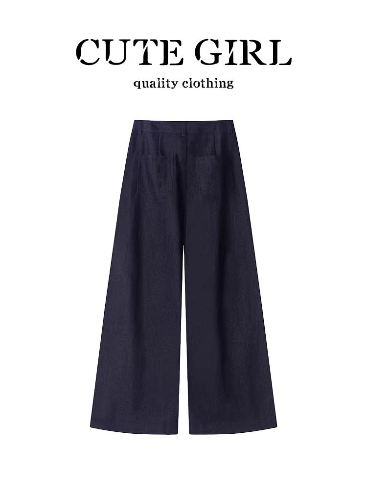 Quần ống rộng màu xanh đậm phong cách Hàn Quốc dành cho nữ, thiết kế mùa thu, lưng cao, giảm béo, quần ống đứng đa năng