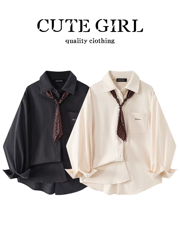 Áo sơ mi nhung kẻ màu mơ kiểu Pháp CuteGirl có khăn choàng dành cho nữ, thiết kế thu đông, áo sơ mi dáng rộng thường ngày
