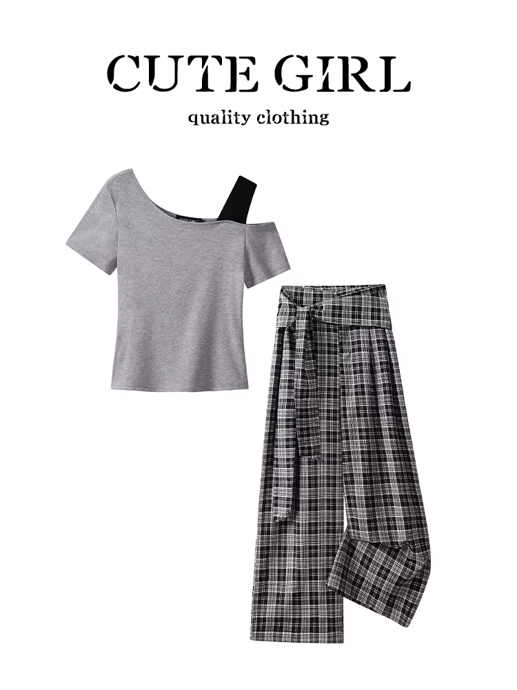 CuteGirl trang phục mùa hè độc đáo và đẹp mắt dành cho nữ, áo thun trễ vai màu xám với quần ống rộng buộc dây kẻ sọc, bộ hai món