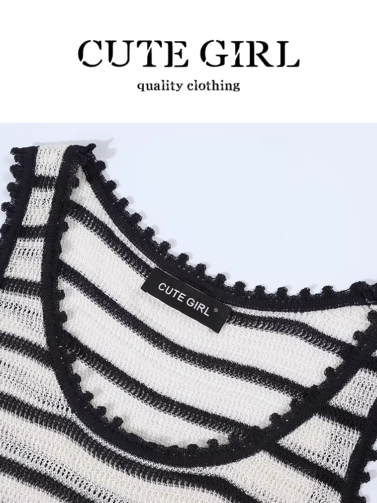 Áo vest dệt kim sọc cổ điển phong cách Hàn Quốc dành cho nữ, thiết kế đầu thu, kiểu dáng ôm sát bên trong.