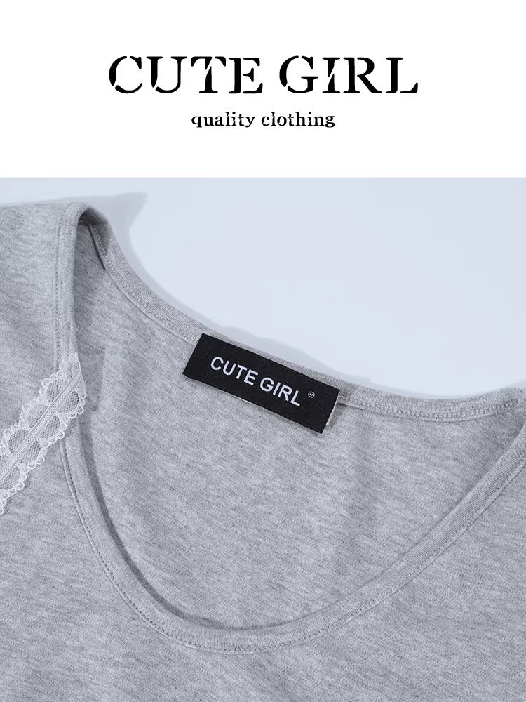 Áo thun ngắn tay màu xám phối ren phong cách Hàn Quốc dễ thương dành cho nữ, thiết kế mùa hè, áo thun dáng ôm
