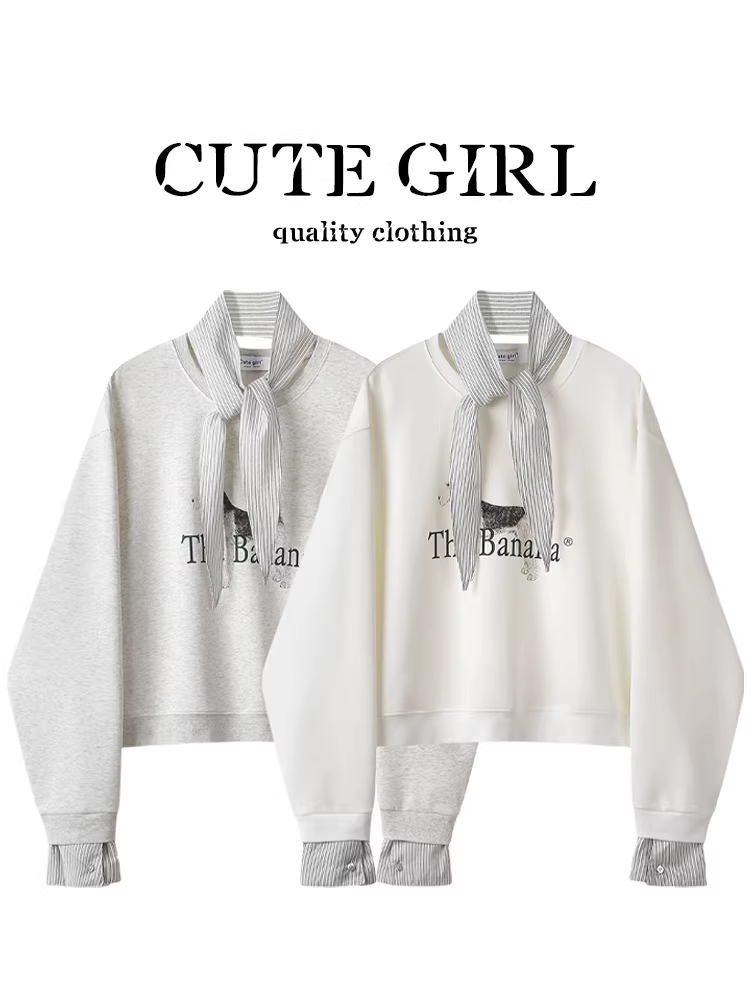 Áo len giả hai mảnh cổ tròn kiểu Hàn Quốc dễ thương dành cho nữ, áo kiểu dáng độc đáo và hợp thời trang mùa xuân có khăn quàng cổ.