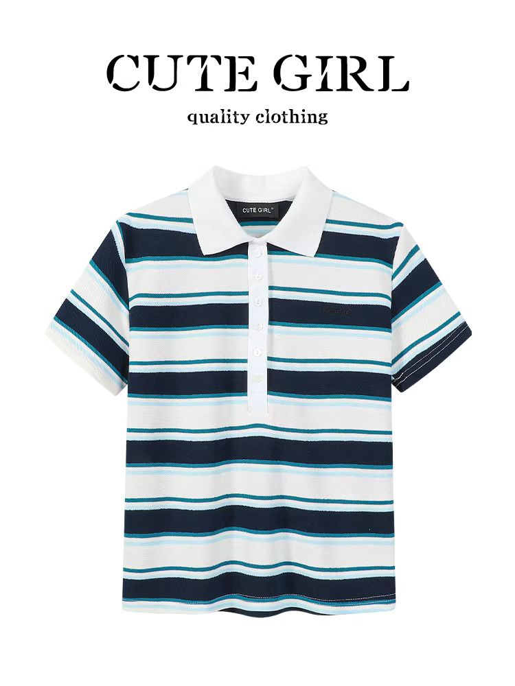 Áo thun ngắn tay cổ polo sọc phối màu phong cách Hàn Quốc dành cho nữ, thiết kế mùa hè, dáng rộng, giản dị, đa năng
