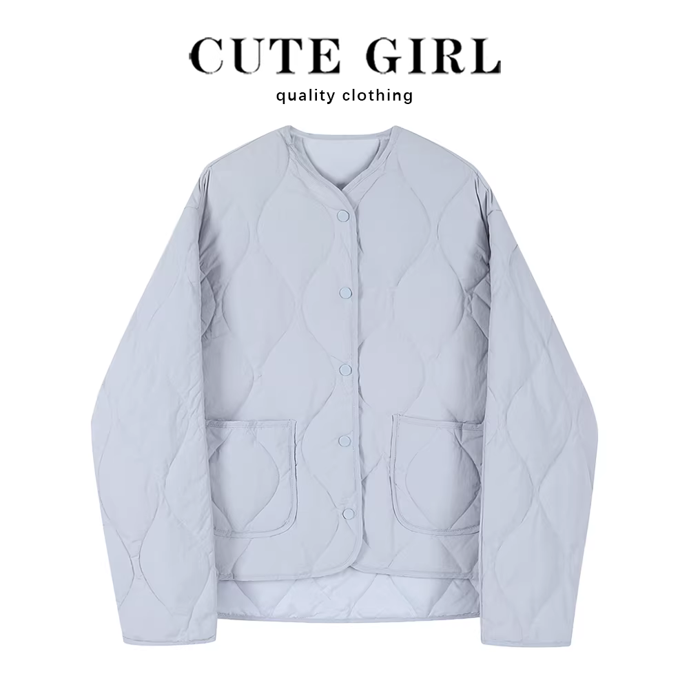Áo khoác phao ngắn màu xanh CuteGirl dành cho nữ, kiểu mới mùa đông 2025, lông vũ trắng, áo phao nhẹ.
