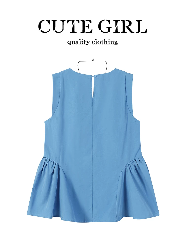 Áo vest không tay cổ chữ U xù lông màu xanh phong cách Hàn Quốc dễ thương dành cho nữ, áo dáng rộng đa năng thanh lịch mùa hè