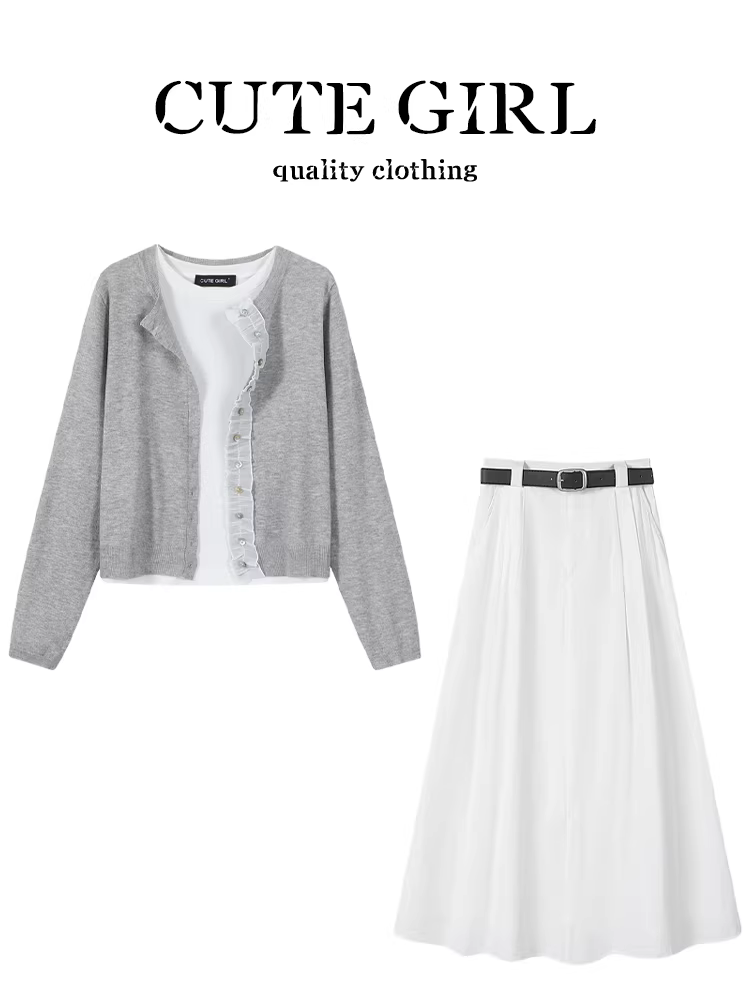 CuteGirl thiết kế áo len dệt kim màu xám viền ren áo thun ngắn tay mùa xuân dành cho nữ Váy chữ A kiểu dù Bộ ba món