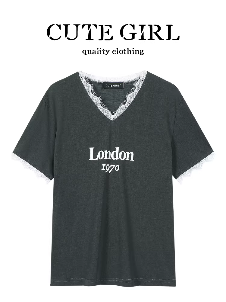 Áo thun ngắn tay phối ren cổ chữ V thiết kế độc đáo của CuteGirl dành cho nữ, hoàn hảo cho mùa hè, mang lại vẻ ngoài siêu phong cách và thanh lịch.