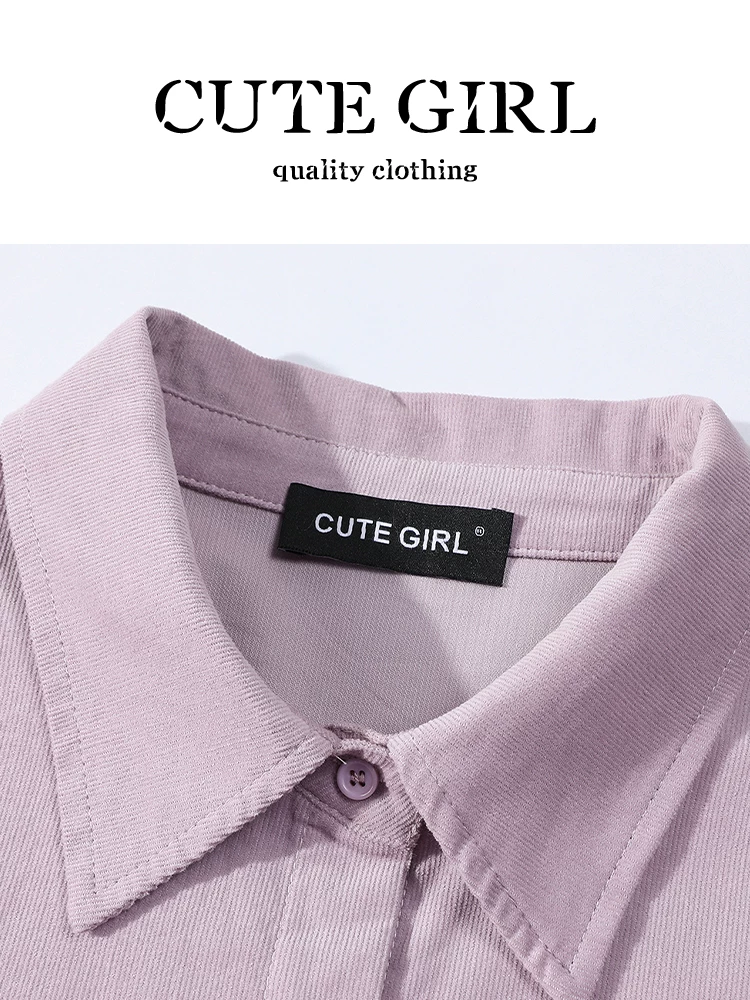 Áo sơ mi dài tay thêu màu tím phong cách nhẹ nhàng của CuteGirl có khăn choàng dành cho nữ, áo sơ mi dáng rộng thanh lịch mùa thu đa năng độc đáo