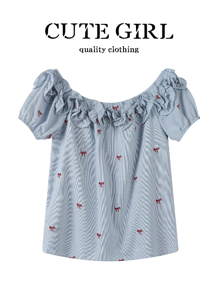 Áo sơ mi tay phồng lệch vai in ba chiều phong cách Hàn Quốc CuteGirl dành cho nữ, áo sơ mi dáng rộng giảm tuổi theo phong cách ngọt ngào mùa hè