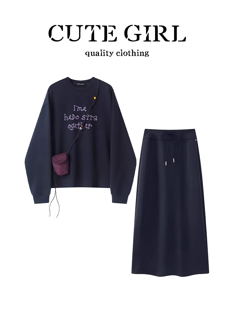 CuteGirl đầu thu Bộ đồ nhỏ đẹp phong cách Hàn Quốc dành cho nữ, áo nỉ in họa tiết màu xanh hải quân mùa thu và váy hai dây hình chữ S