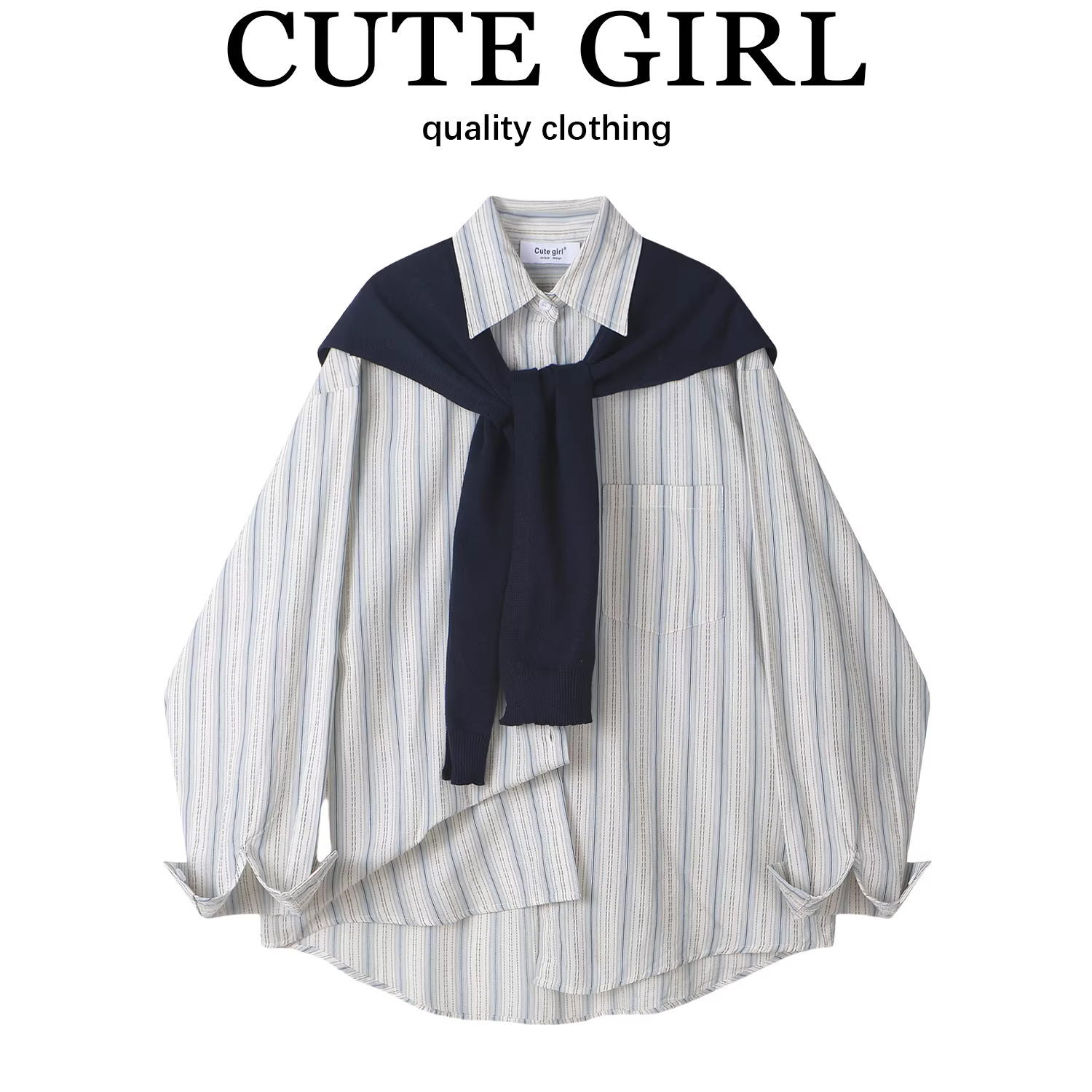 Áo sơ mi sọc cao cấp phong cách Pháp của CuteGirl dành cho nữ, áo sơ mi dài tay đa năng mới mùa xuân