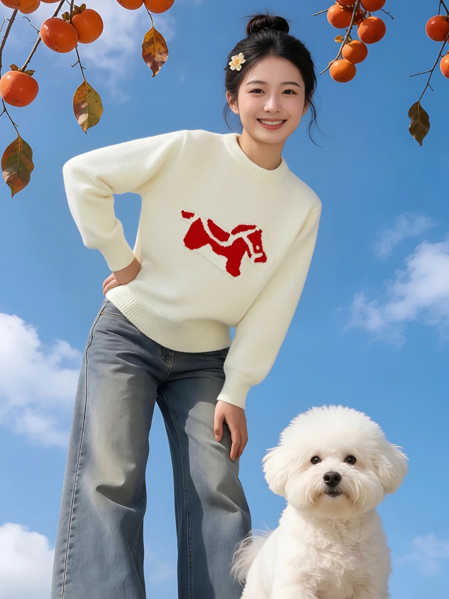 Áo len jacquard màu đỏ cổ điển của CuteGirl dành cho nữ, phong cách Giáng sinh mùa đông, dáng rộng và đa năng, áo kiểu dáng thời trang